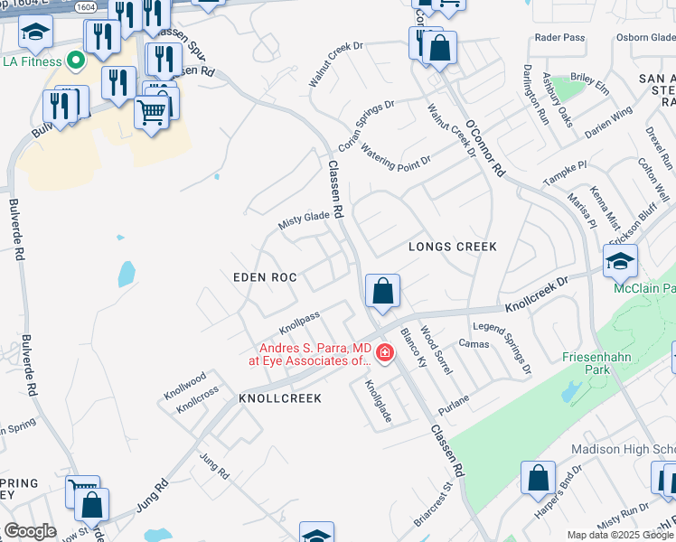 map of restaurants, bars, coffee shops, grocery stores, and more near 4234 Birch Tree Street in San Antonio
