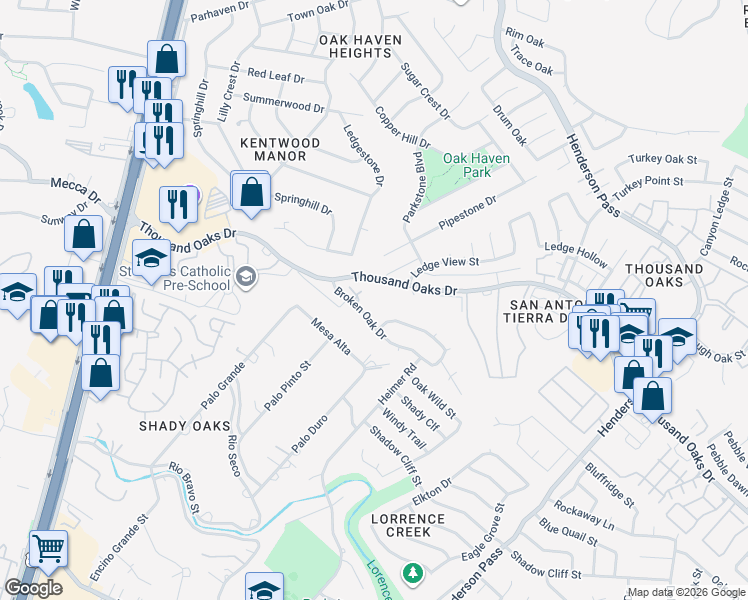 map of restaurants, bars, coffee shops, grocery stores, and more near 1946 Broken Oak Street in San Antonio