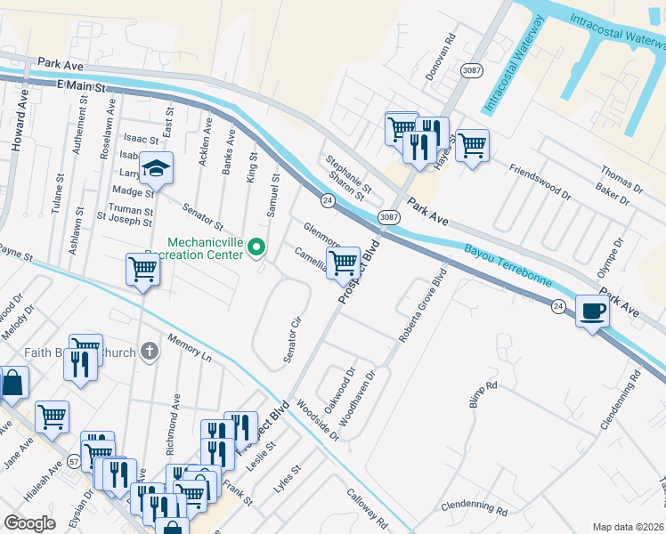 map of restaurants, bars, coffee shops, grocery stores, and more near 3200-3298 Camellia Ave in Houma