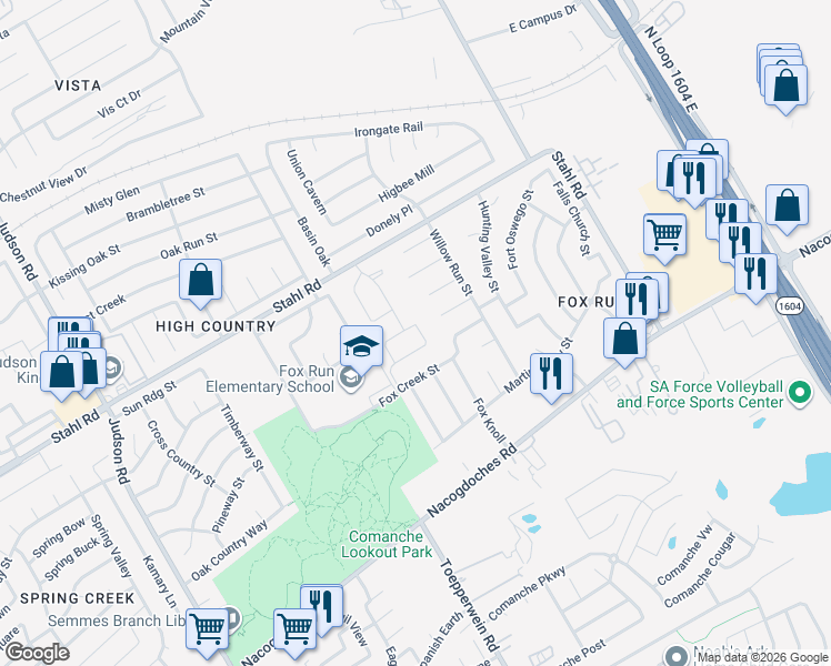 map of restaurants, bars, coffee shops, grocery stores, and more near 6226 Fox Peak Drive in San Antonio
