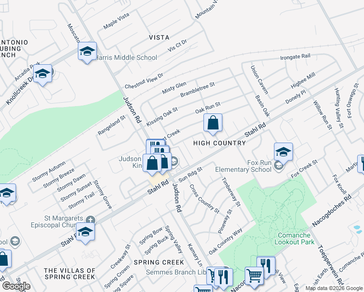 map of restaurants, bars, coffee shops, grocery stores, and more near 16315 Boulder Pass Street in San Antonio