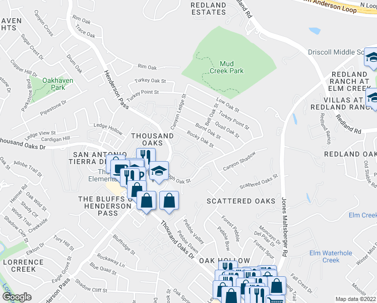 map of restaurants, bars, coffee shops, grocery stores, and more near 16400 Henderson Pass in San Antonio