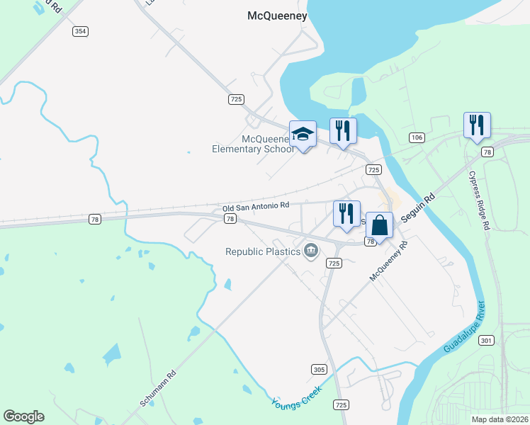 map of restaurants, bars, coffee shops, grocery stores, and more near 455 Old San Antonio Road in McQueeney