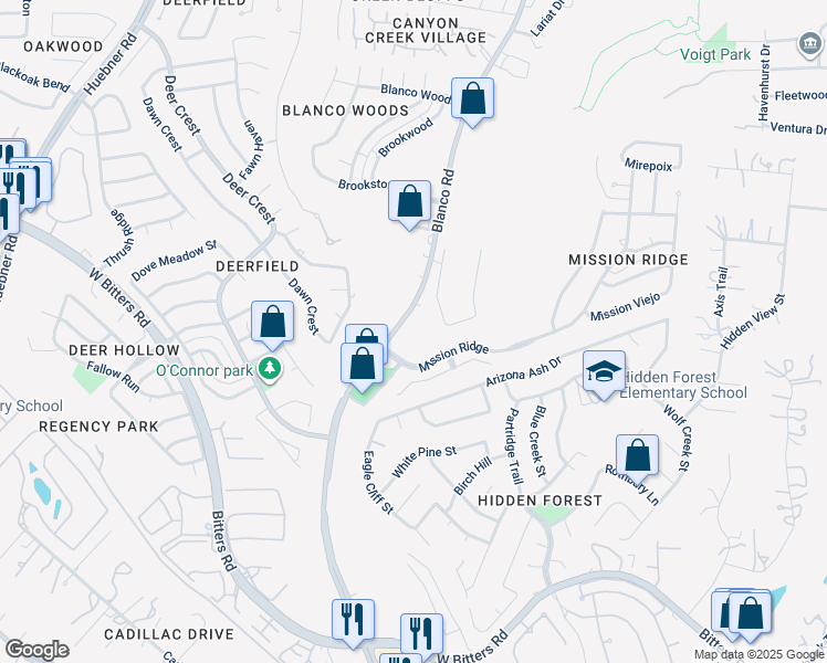 map of restaurants, bars, coffee shops, grocery stores, and more near 16400 Blanco Road in San Antonio