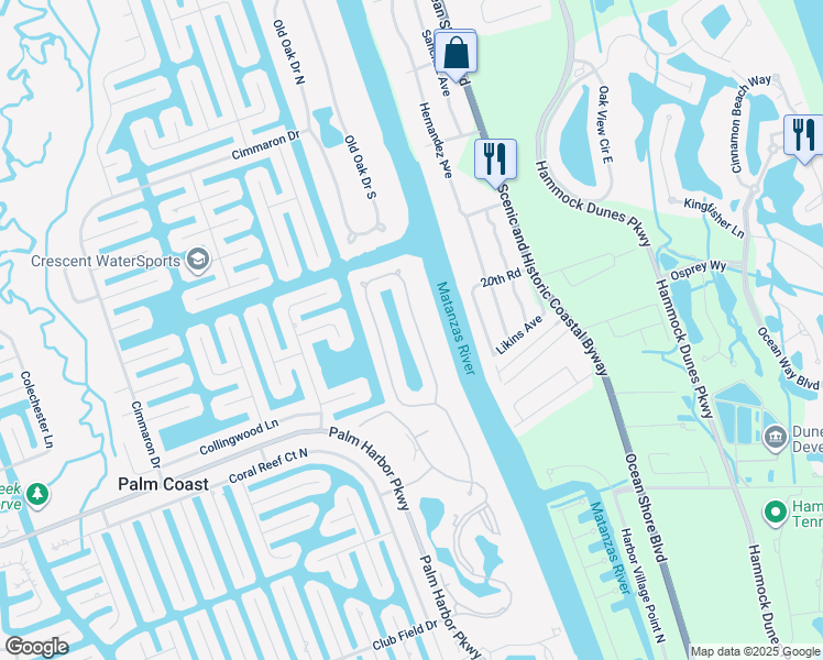 map of restaurants, bars, coffee shops, grocery stores, and more near 124 Longview Way North in Palm Coast