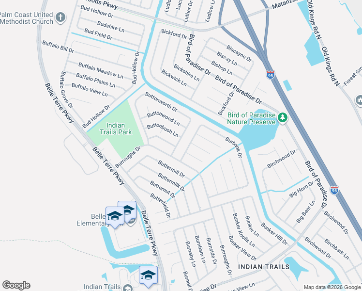 map of restaurants, bars, coffee shops, grocery stores, and more near 112 Burbank Drive in Palm Coast