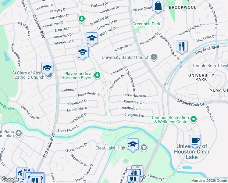 map of restaurants, bars, coffee shops, grocery stores, and more near 1630 Locke Haven Drive in Houston
