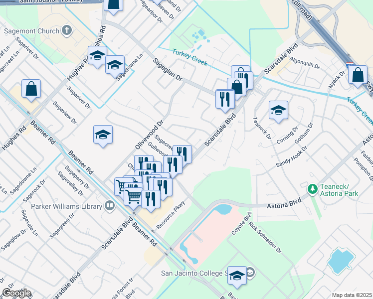 map of restaurants, bars, coffee shops, grocery stores, and more near 11642 Sagecreek Drive in Houston