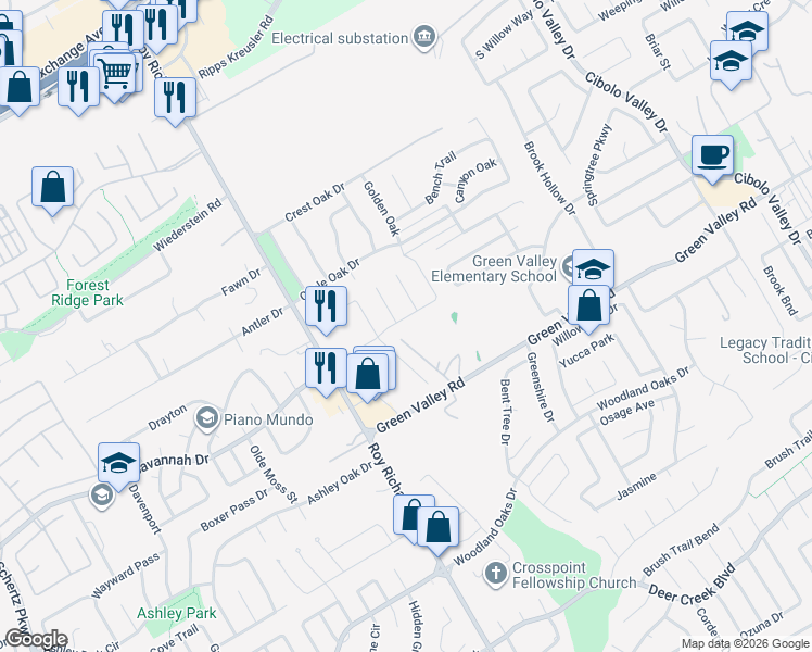 map of restaurants, bars, coffee shops, grocery stores, and more near 3809 Arroyo Seco in Schertz
