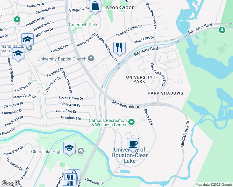 map of restaurants, bars, coffee shops, grocery stores, and more near 15500 Middlebrook Drive in Houston
