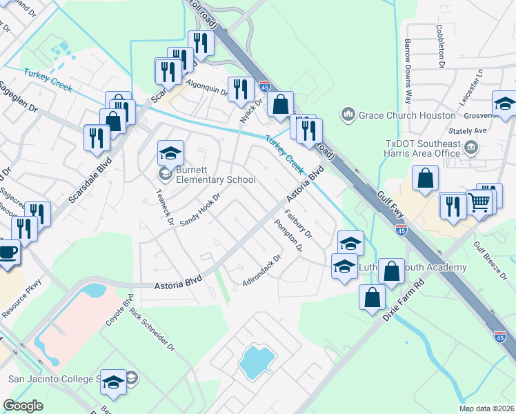 map of restaurants, bars, coffee shops, grocery stores, and more near 12018 Ryewater Drive in Houston