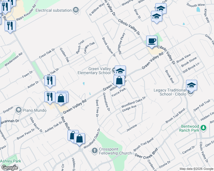 map of restaurants, bars, coffee shops, grocery stores, and more near 2961 White Pine Drive in Schertz