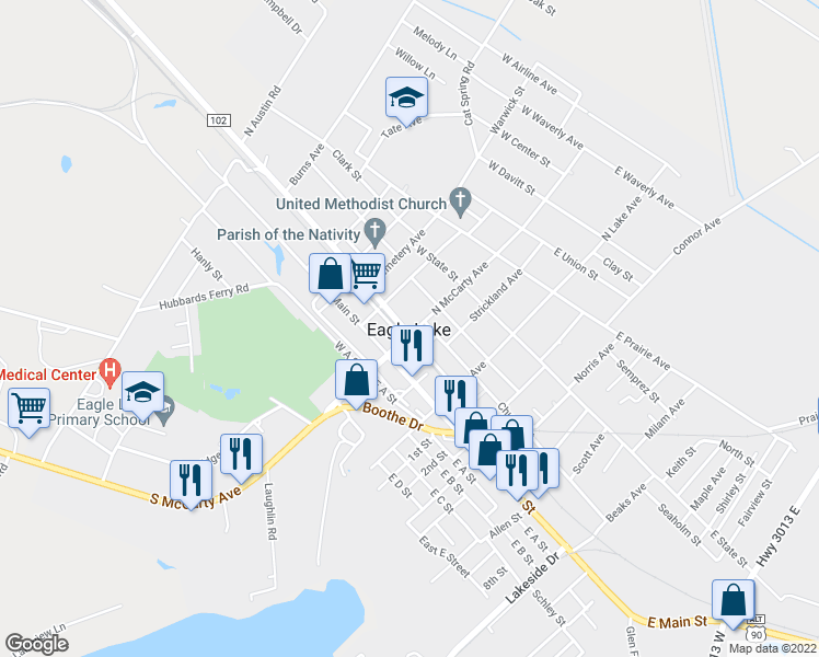 map of restaurants, bars, coffee shops, grocery stores, and more near 102 West Post Office Street in Eagle Lake