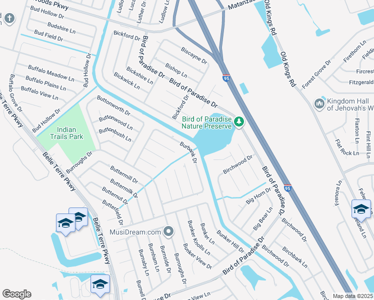 map of restaurants, bars, coffee shops, grocery stores, and more near 61 Burbank Drive in Palm Coast