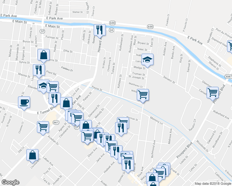 map of restaurants, bars, coffee shops, grocery stores, and more near 522 Ashlawn Street in Houma
