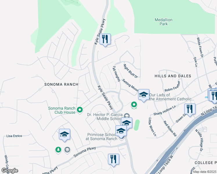 map of restaurants, bars, coffee shops, grocery stores, and more near 15923 Sight Scape in San Antonio