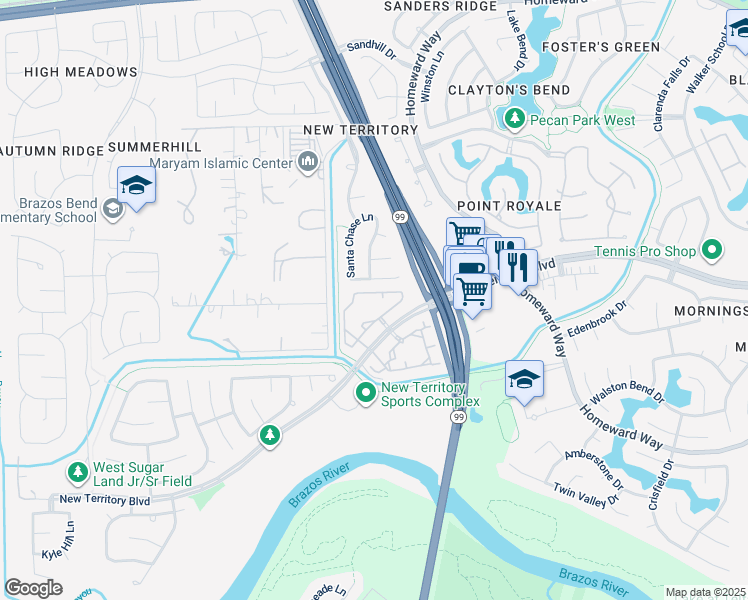 map of restaurants, bars, coffee shops, grocery stores, and more near 5550 Morgan Park Lane in Sugar Land