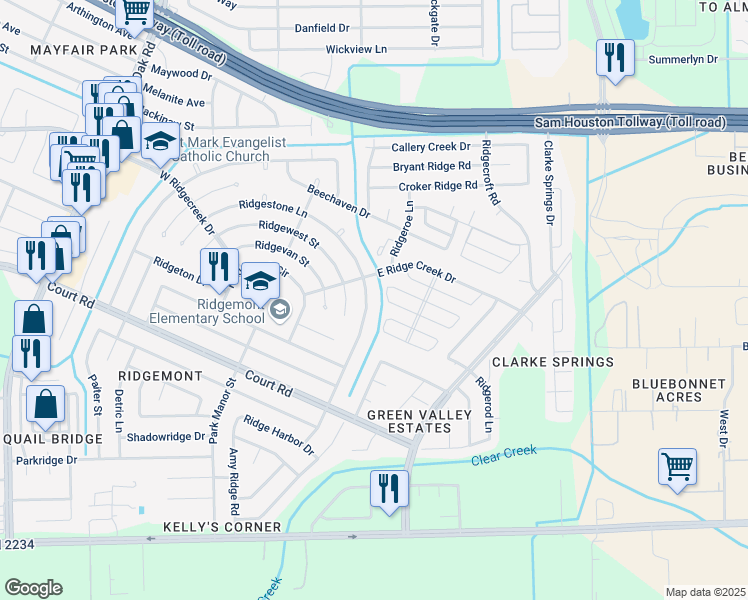 map of restaurants, bars, coffee shops, grocery stores, and more near 4846 Ridgestone Street in Houston