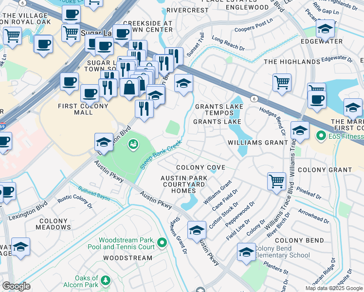 map of restaurants, bars, coffee shops, grocery stores, and more near 2655 Cordes Drive in Sugar Land