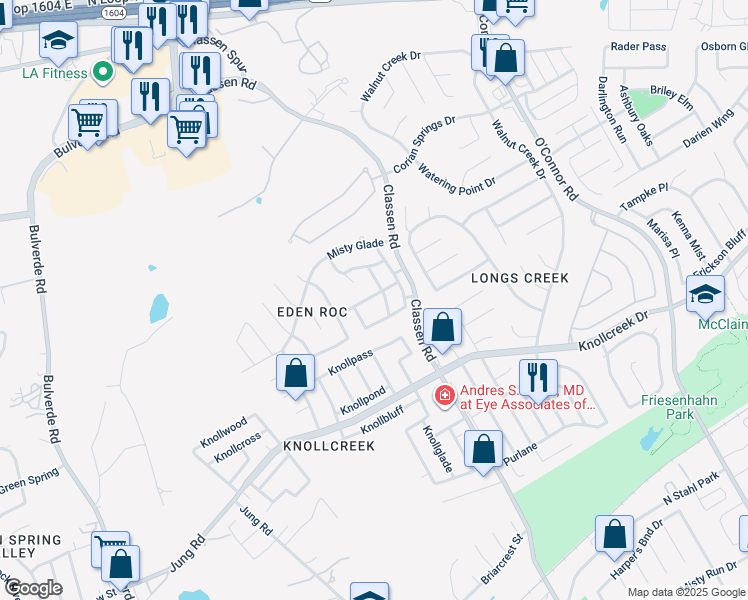 map of restaurants, bars, coffee shops, grocery stores, and more near 16807 Winding Oak Drive in San Antonio