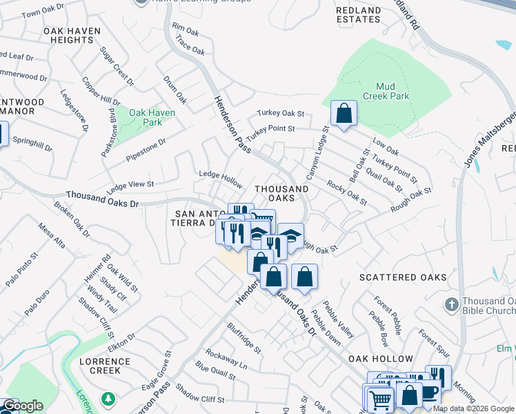 map of restaurants, bars, coffee shops, grocery stores, and more near 16306 Deer Pass Street in San Antonio