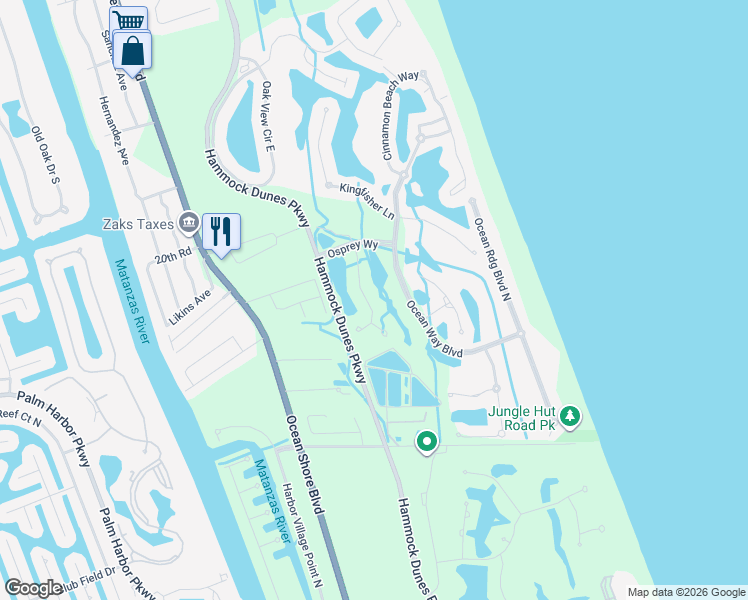 map of restaurants, bars, coffee shops, grocery stores, and more near 15 Flagship Drive in Palm Coast