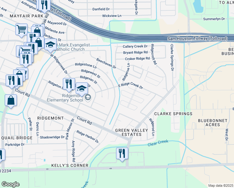 map of restaurants, bars, coffee shops, grocery stores, and more near 4846 Ridgestone Street in Houston