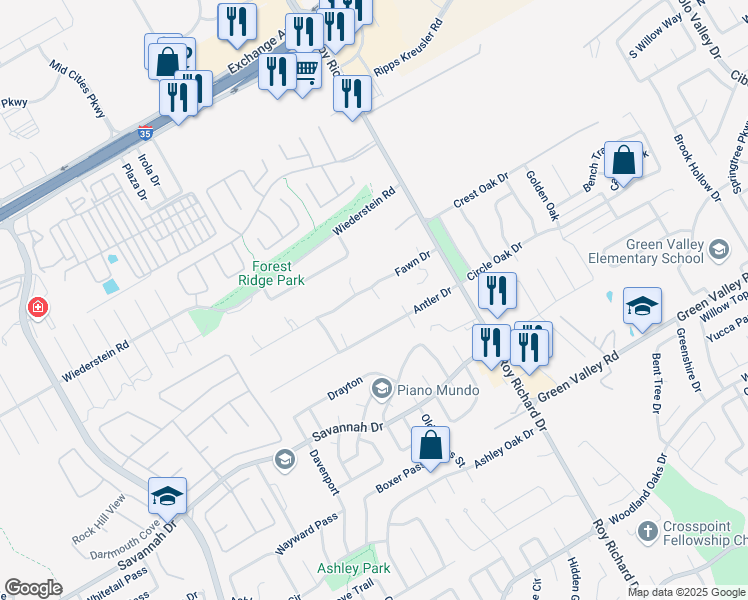 map of restaurants, bars, coffee shops, grocery stores, and more near 1113 Fawn Drive in Schertz