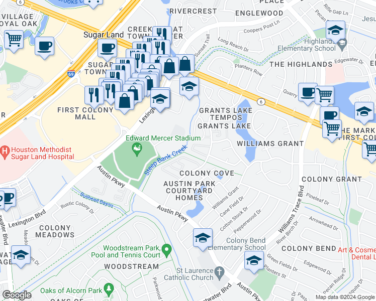 map of restaurants, bars, coffee shops, grocery stores, and more near 2810 Grants Lake Boulevard in Sugar Land