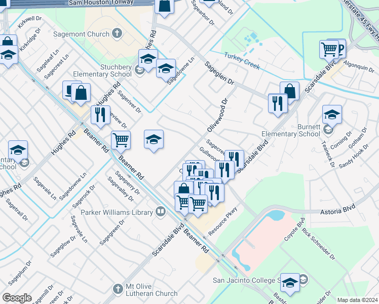 map of restaurants, bars, coffee shops, grocery stores, and more near 10903 Highland Meadow Drive in Houston