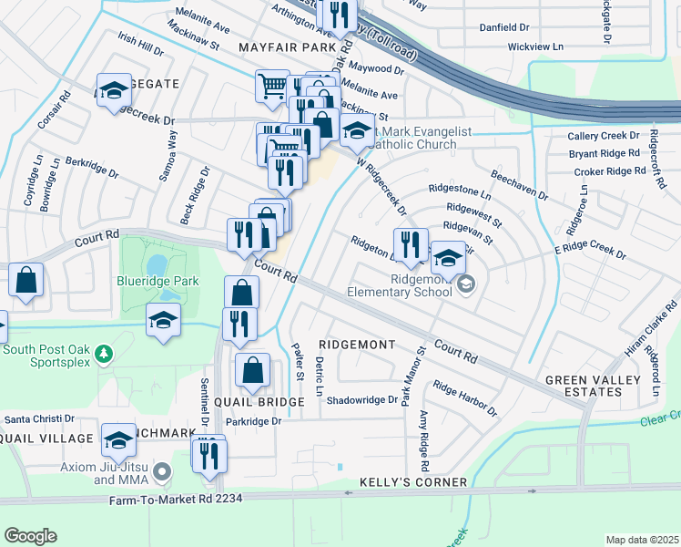 map of restaurants, bars, coffee shops, grocery stores, and more near 16215 Bowie Ridge Lane in Houston
