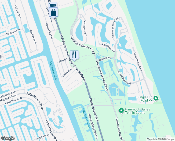 map of restaurants, bars, coffee shops, grocery stores, and more near 1 Live Oak Road in Palm Coast