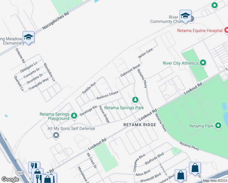 map of restaurants, bars, coffee shops, grocery stores, and more near 16502 Retama Crown in Selma
