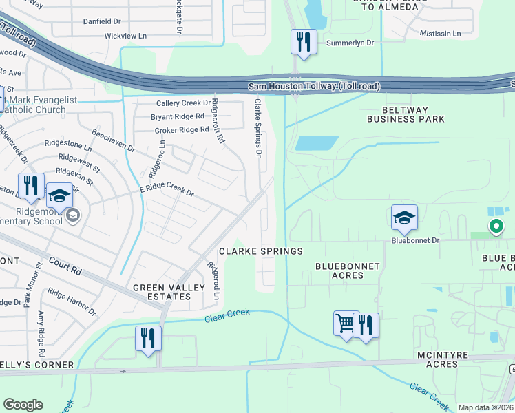 map of restaurants, bars, coffee shops, grocery stores, and more near 15890 Clarke Springs Drive in Houston