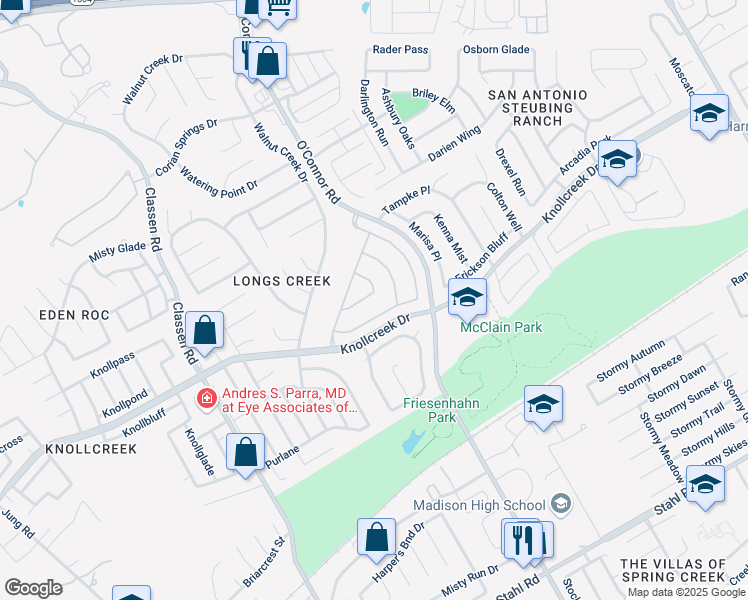 map of restaurants, bars, coffee shops, grocery stores, and more near 15829 Spyglass Trail in San Antonio