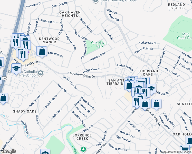 map of restaurants, bars, coffee shops, grocery stores, and more near 2206 Cardigan Hill in San Antonio
