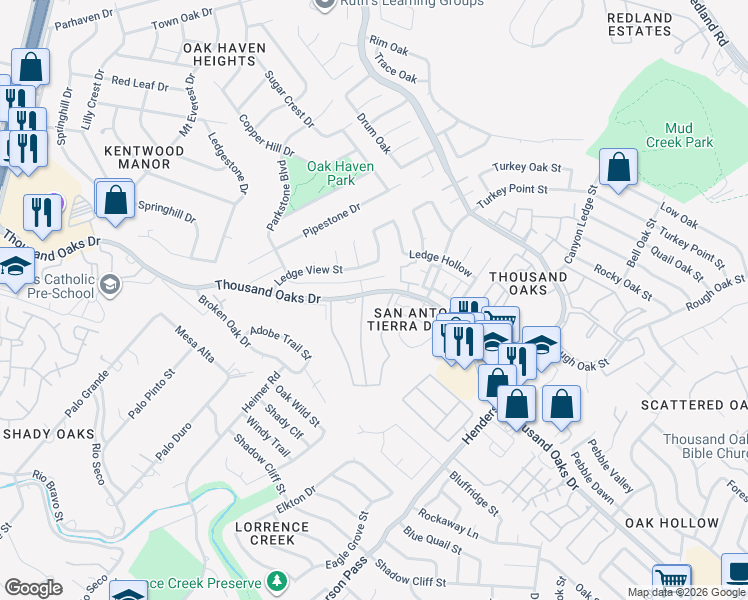 map of restaurants, bars, coffee shops, grocery stores, and more near 2306 Cardigan Hill in San Antonio