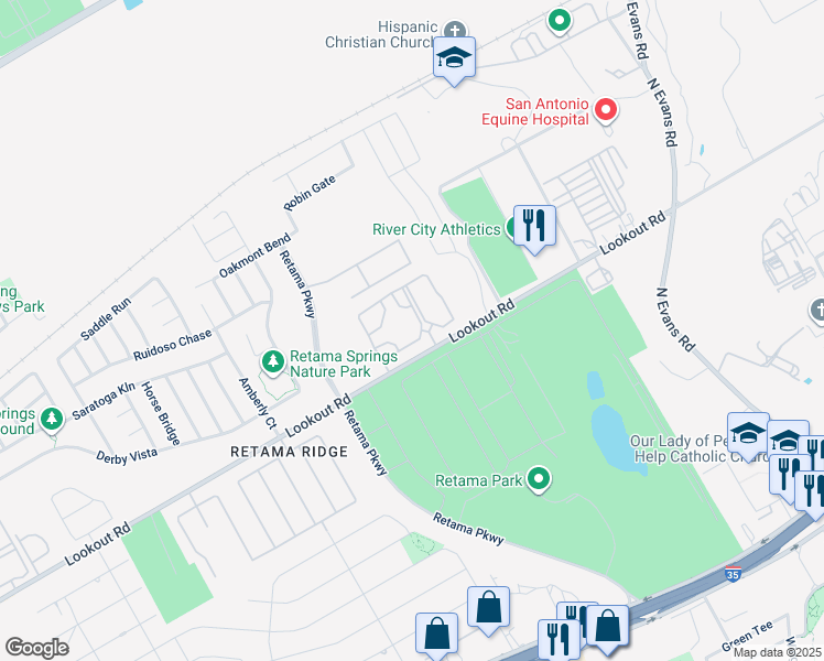 map of restaurants, bars, coffee shops, grocery stores, and more near 16505 Lookout Hollow Circle in Selma
