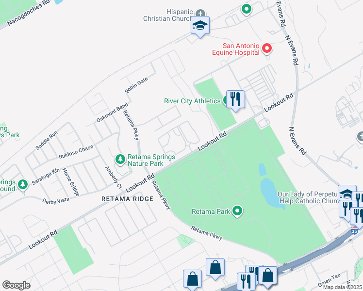 map of restaurants, bars, coffee shops, grocery stores, and more near 16506 Lookout Hollow Circle in Selma
