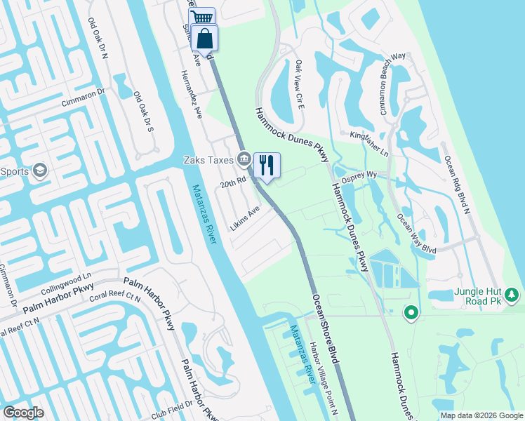 map of restaurants, bars, coffee shops, grocery stores, and more near 5118 North Oceanshore Boulevard in Palm Coast