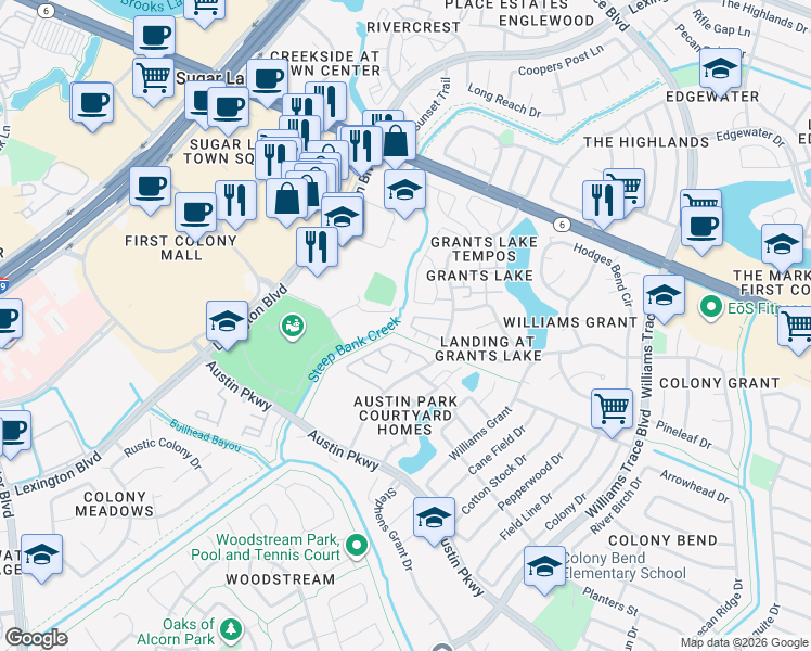 map of restaurants, bars, coffee shops, grocery stores, and more near 2810 Grants Lake Boulevard in Sugar Land
