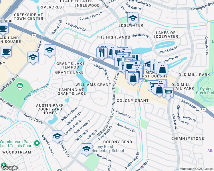 map of restaurants, bars, coffee shops, grocery stores, and more near 2515 Water Rest Drive in Sugar Land