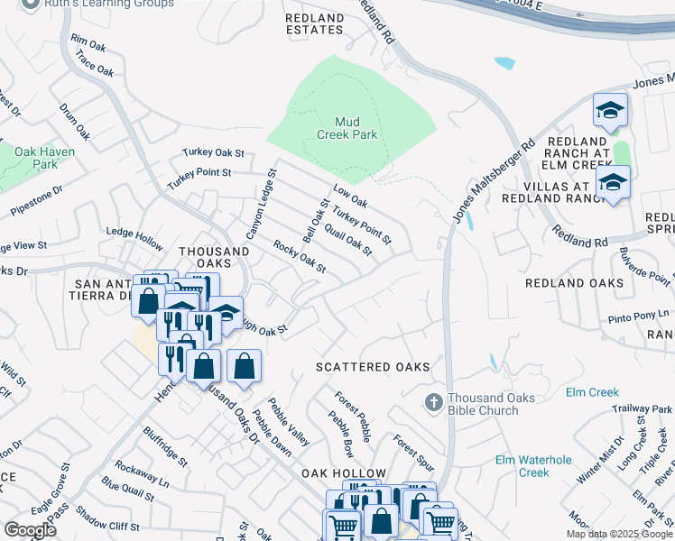 map of restaurants, bars, coffee shops, grocery stores, and more near 2931 Burnt Oak Street in San Antonio