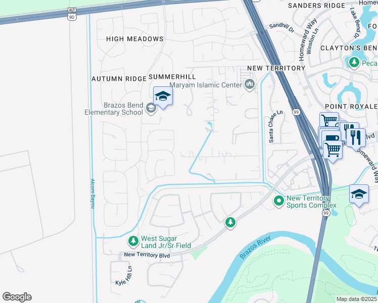 map of restaurants, bars, coffee shops, grocery stores, and more near 4555 Pecan Grove in Sugar Land