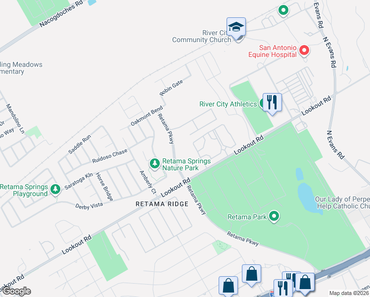 map of restaurants, bars, coffee shops, grocery stores, and more near 16550 Retama Parkway in Selma