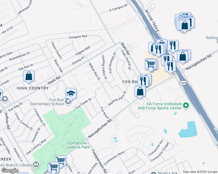 map of restaurants, bars, coffee shops, grocery stores, and more near 16503 Hunting Valley Street in San Antonio