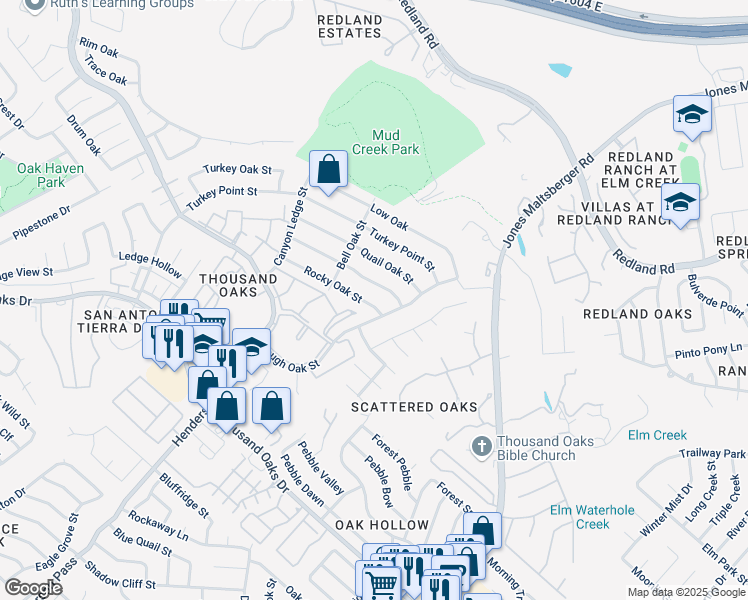 map of restaurants, bars, coffee shops, grocery stores, and more near 2931 Burnt Oak Street in San Antonio
