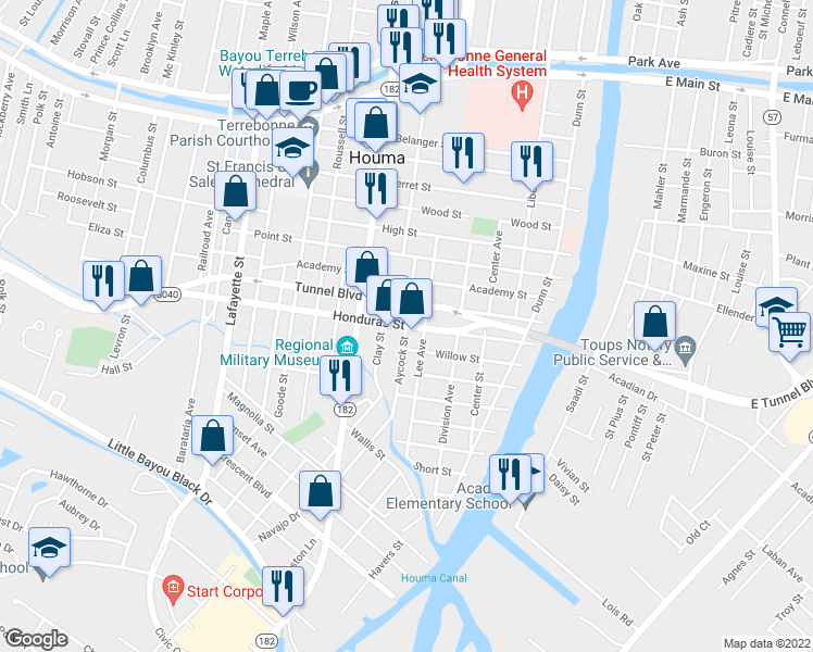 map of restaurants, bars, coffee shops, grocery stores, and more near 1101 Aycock Street in Houma