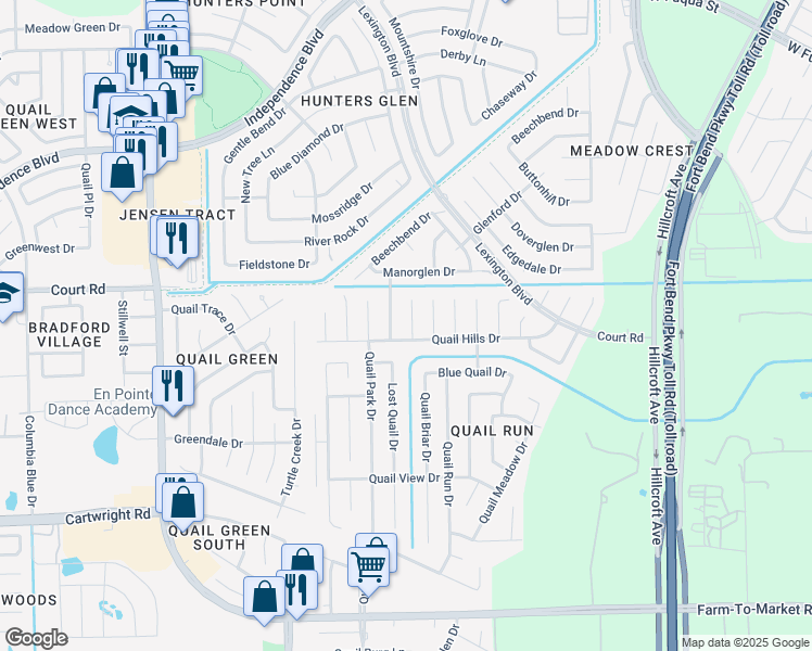 map of restaurants, bars, coffee shops, grocery stores, and more near 16319 Quail Echo Drive in Missouri City