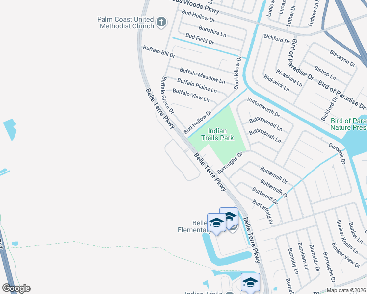 map of restaurants, bars, coffee shops, grocery stores, and more near 2 Bud Hollow Drive in Palm Coast